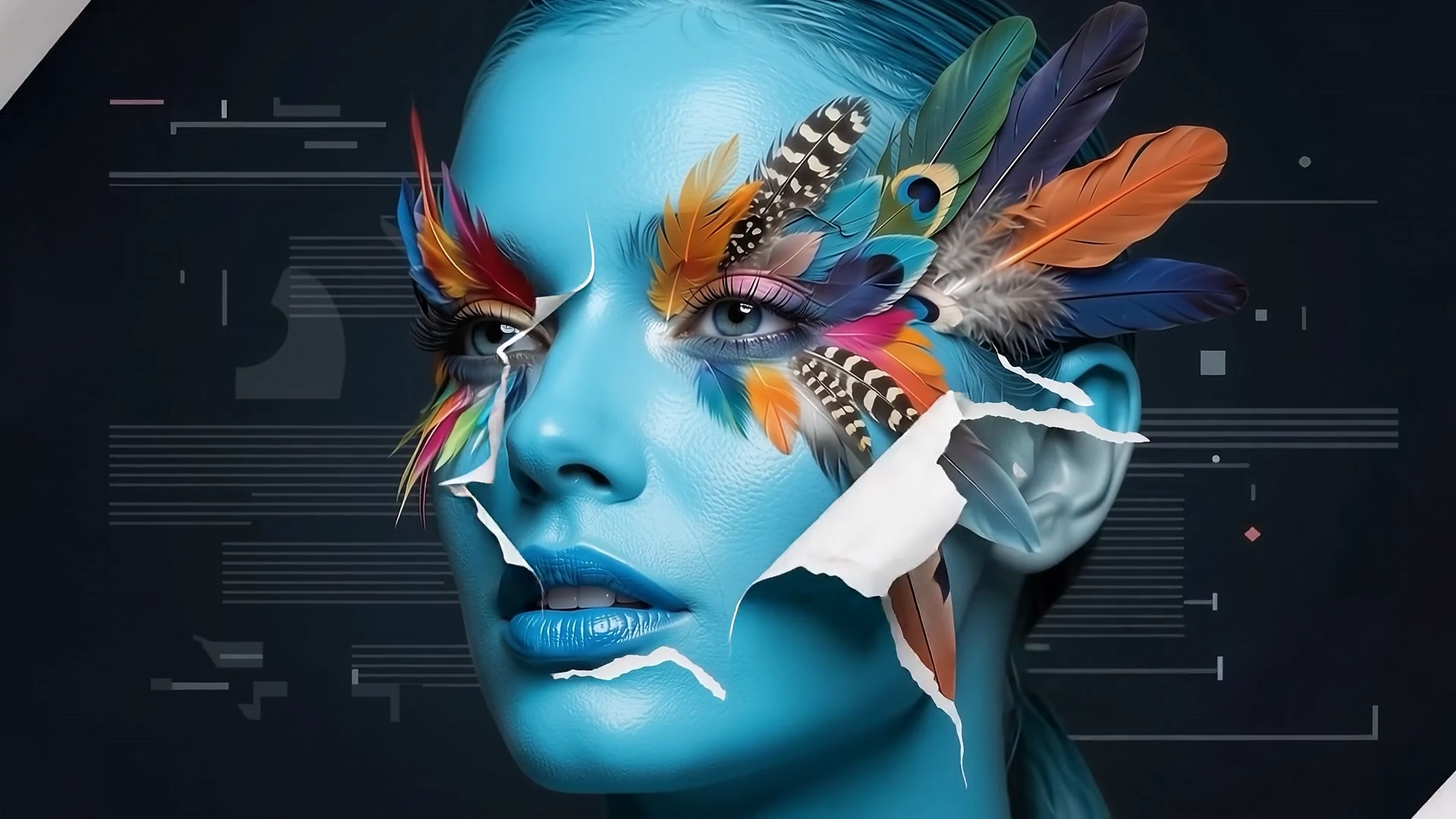 A cyan face with colourful feathers coming through torn white paper on a dark ground