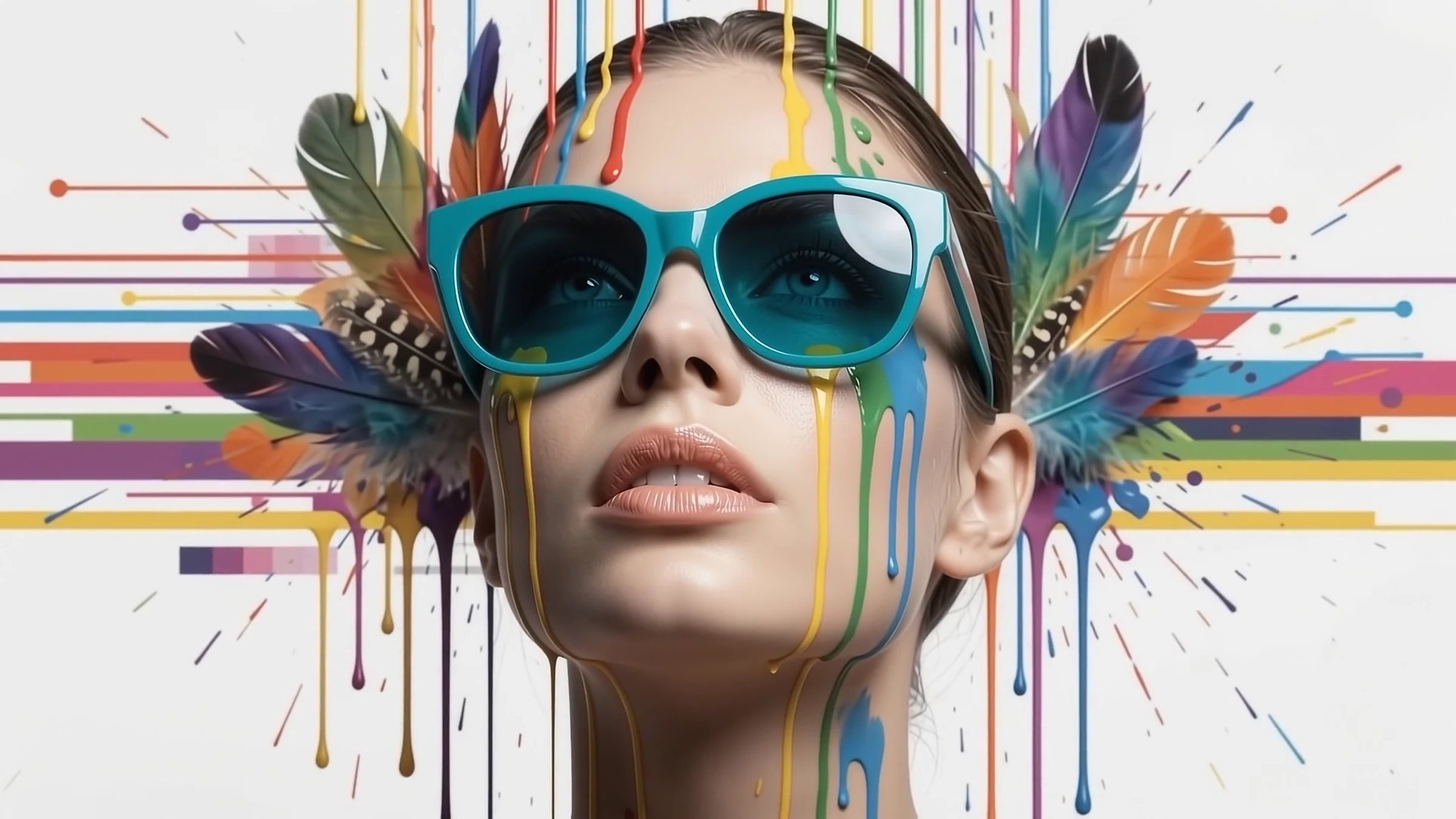 A woman in teal sunglasses and feathers with rainbow paint running down her face against a white striped background