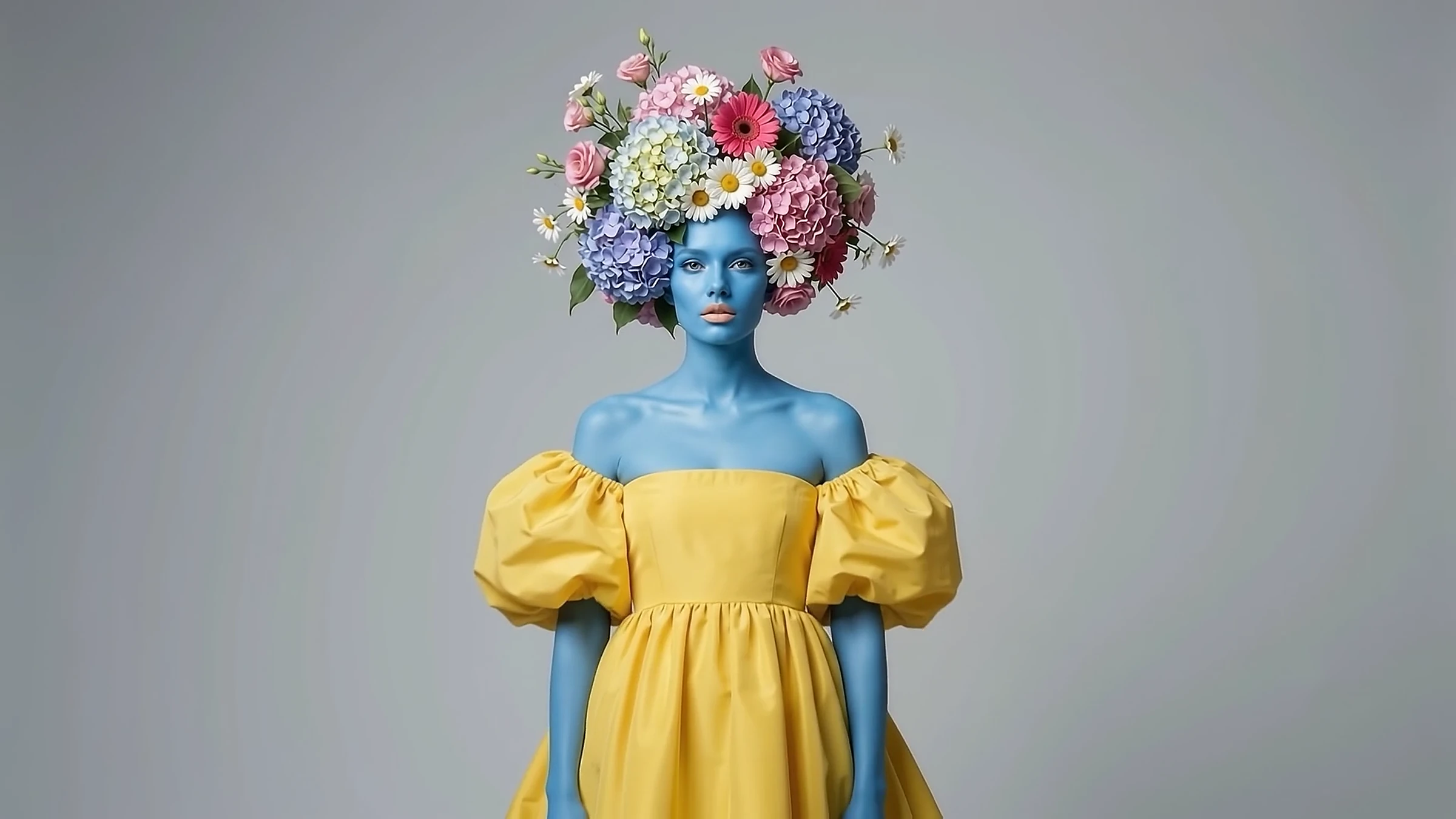 A cyan-skinned model wearing a tall crown of hydrangea and daisies and a puff-sleeve yellow dress on a grey ground