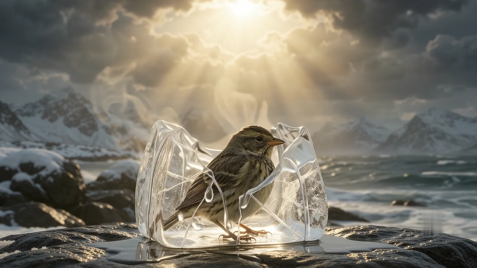 The ice splits and steams in the sunlight while the bird lifts its head inside
