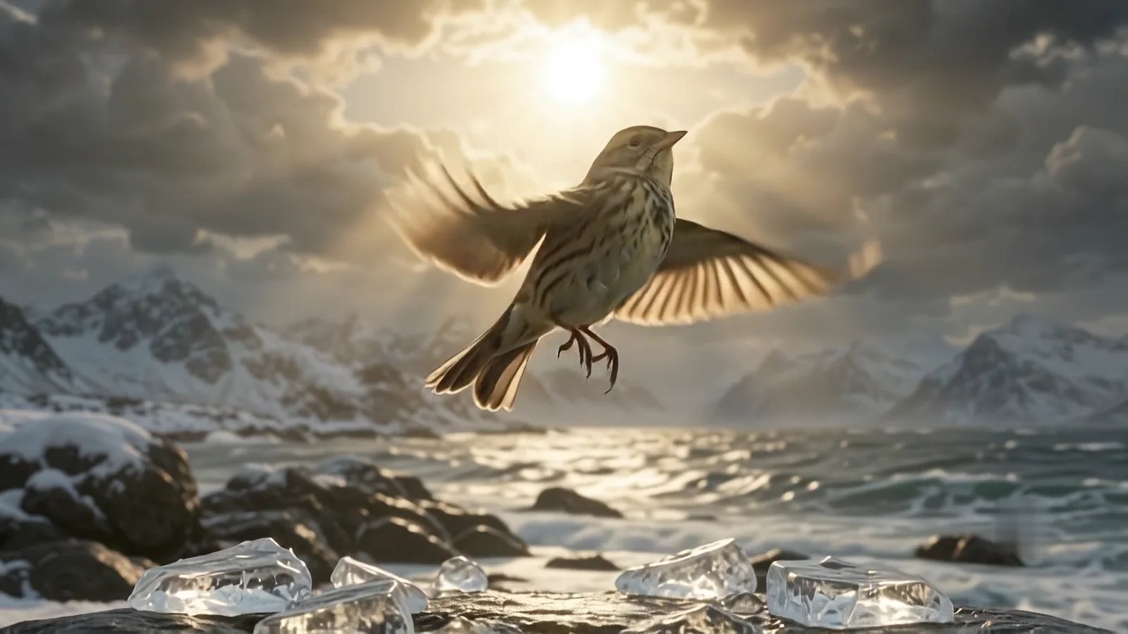 The bird in flight against the sun above a silver sea