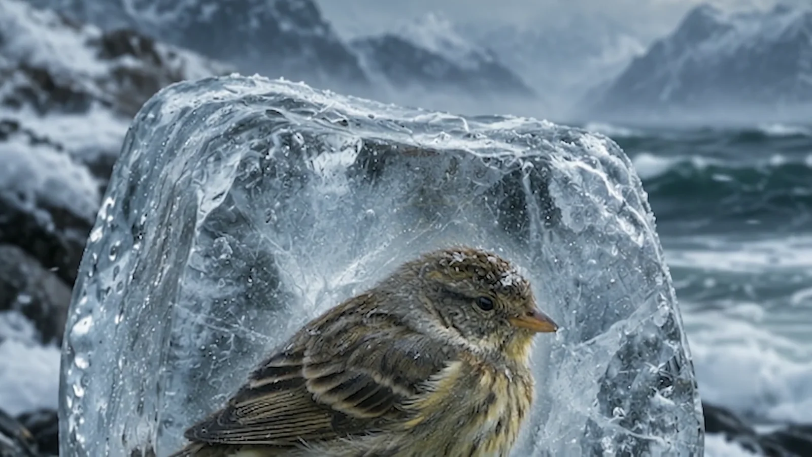 A bird sealed inside a clear block of ice on a dark rocky shore under storm cloud