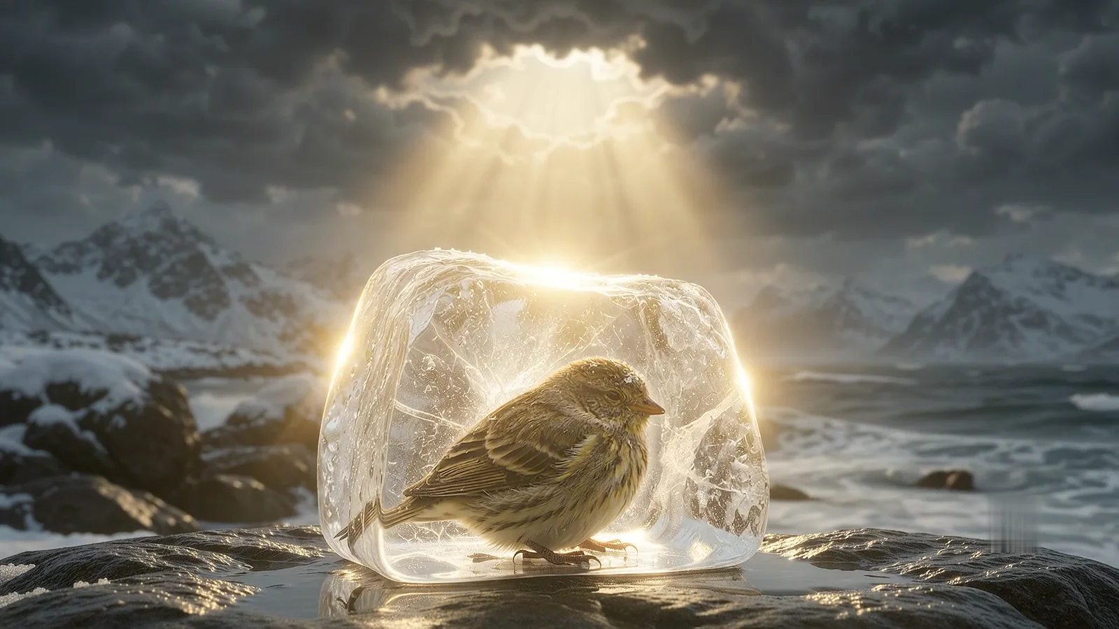 A shaft of sunlight breaks through the cloud and lands on the block of ice