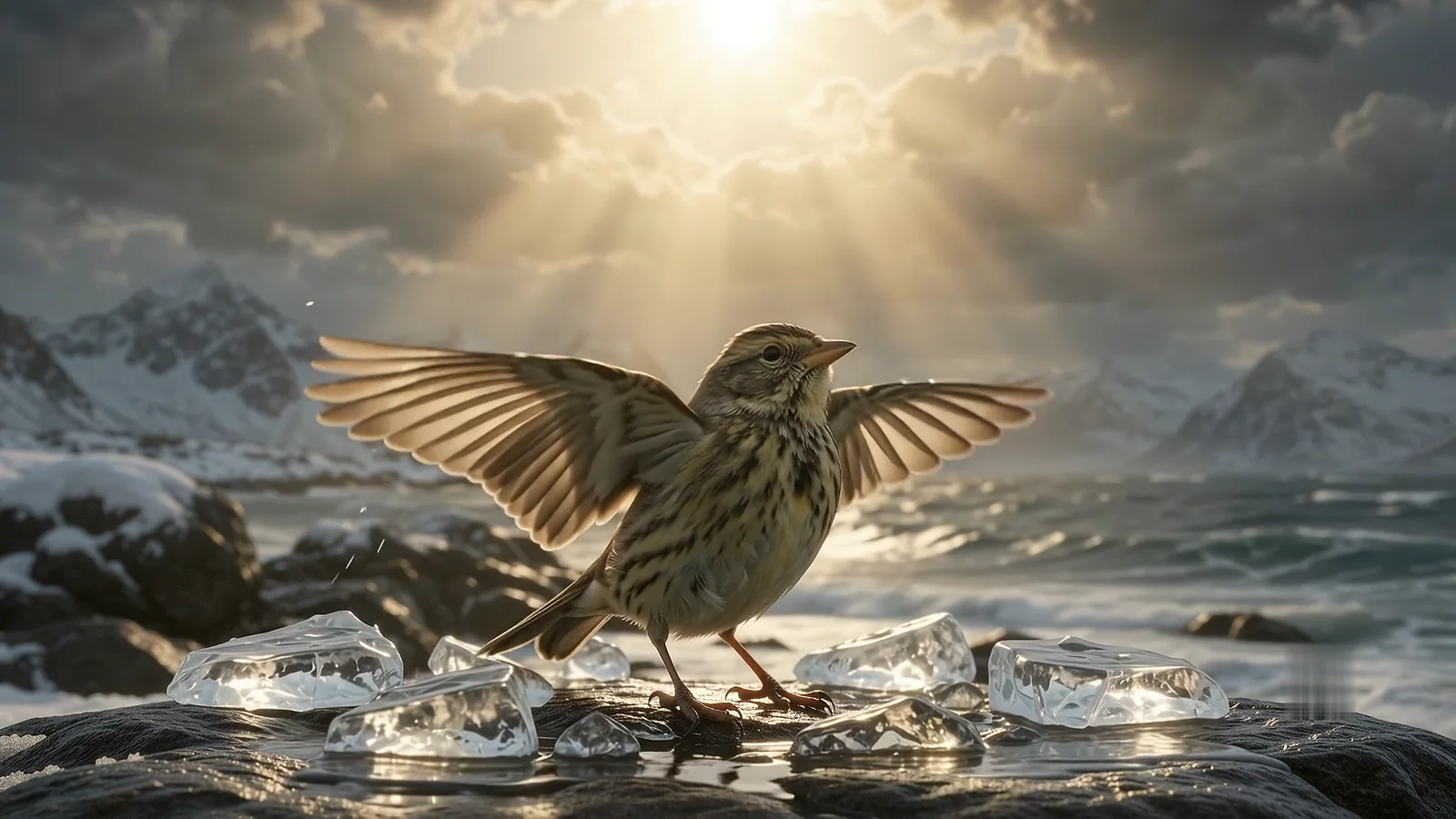 A small brown bird standing on a wet rock with its wings spread, broken ice around its feet