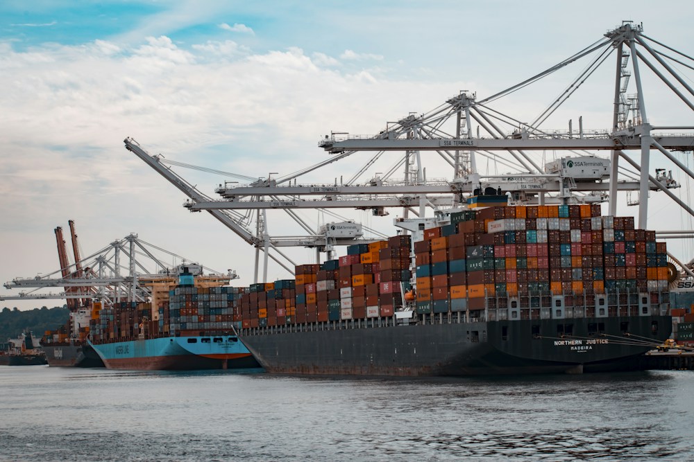 Container ships beside dockside cranes in a working port