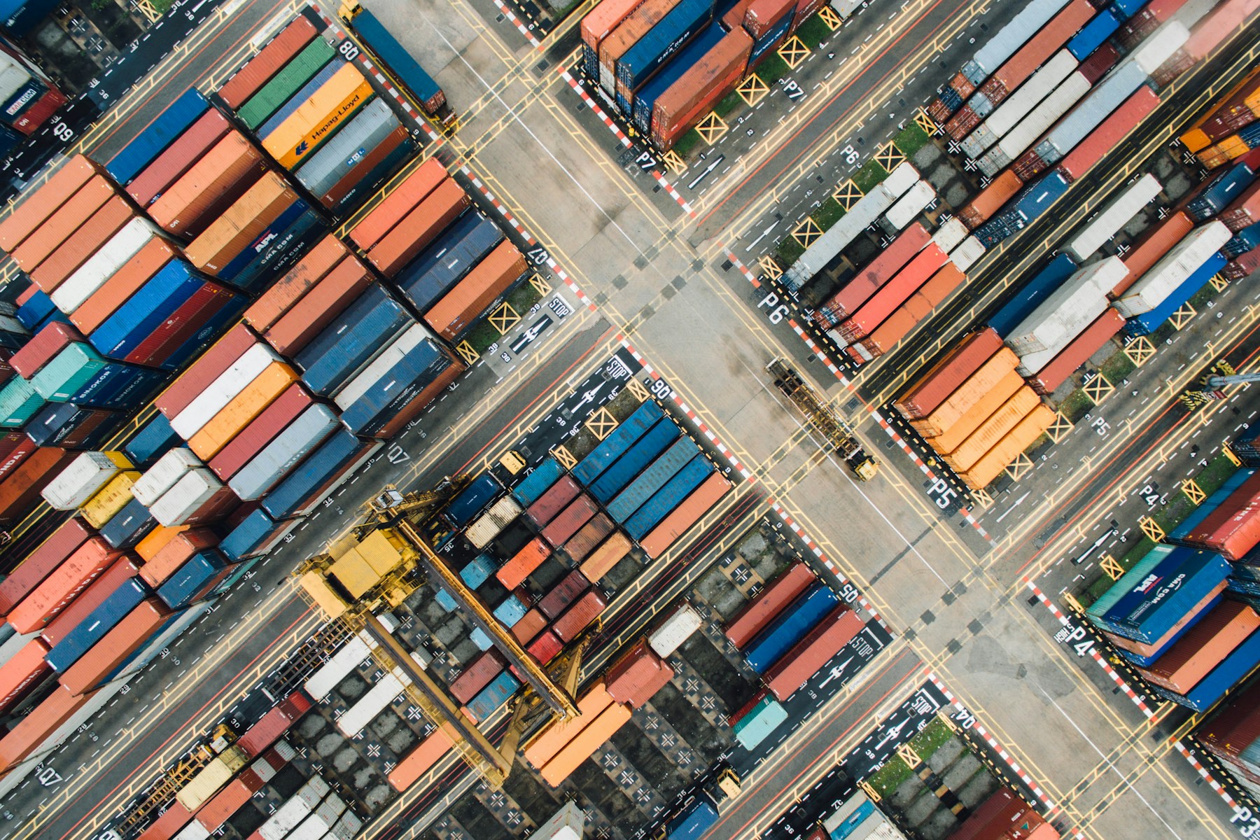 Aerial view of an organised shipping container terminal