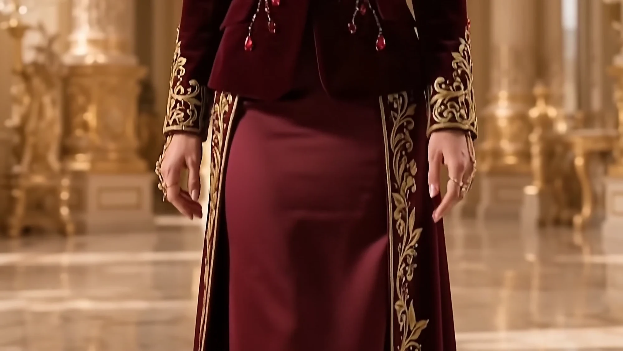 Gold embroidered details on the burgundy tailored jacket