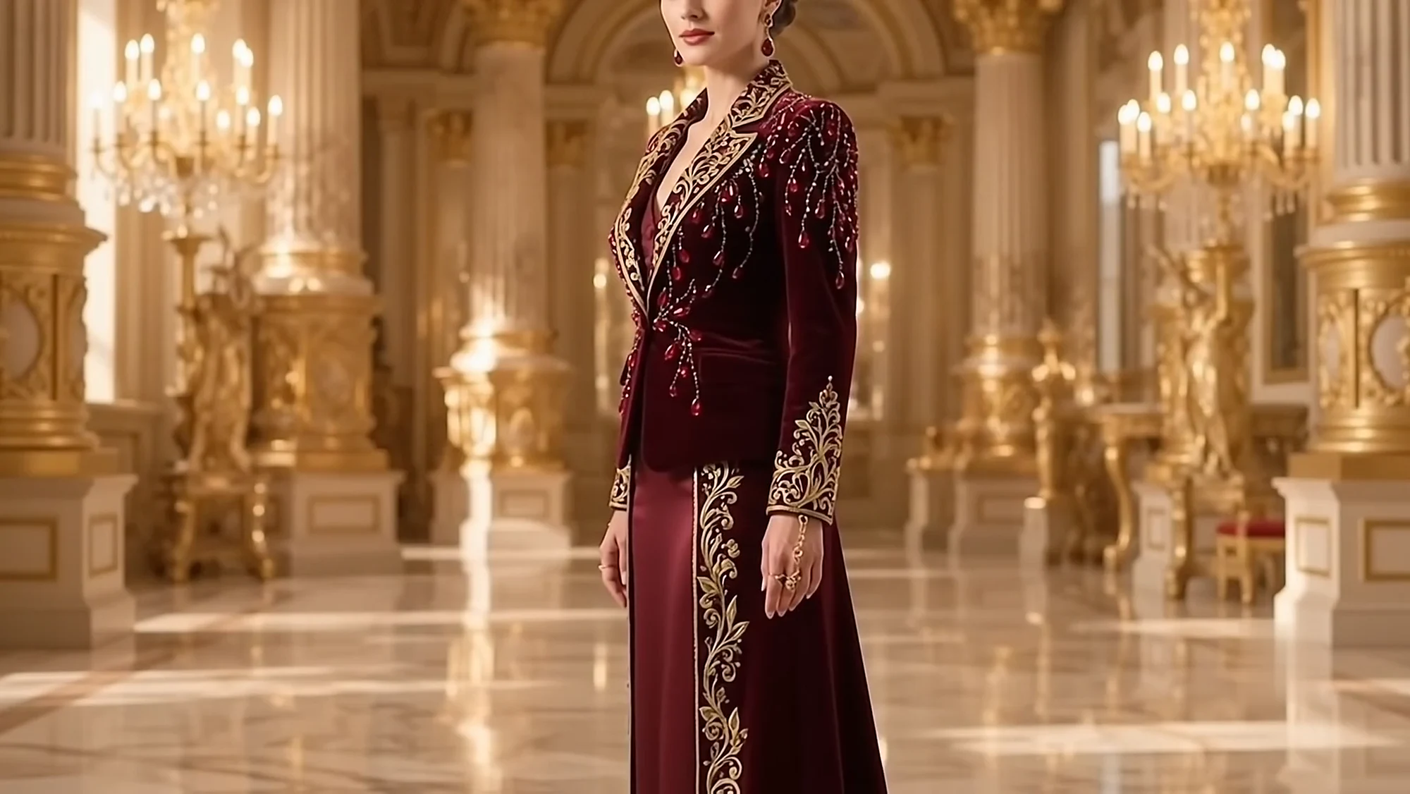 The complete burgundy suit with gold embroidered lapels and cuffs