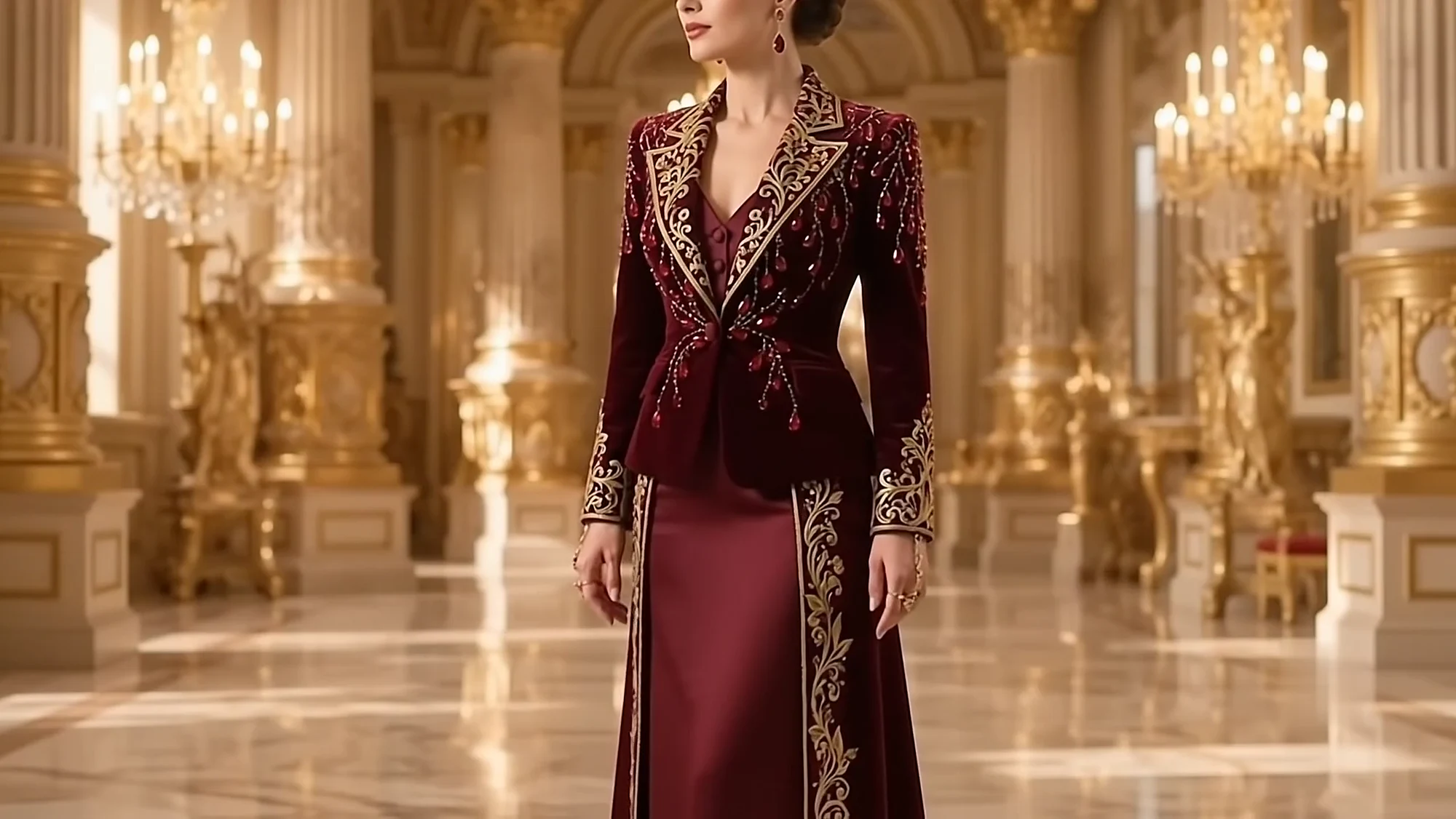 Burgundy tailoring set against a golden architectural interior