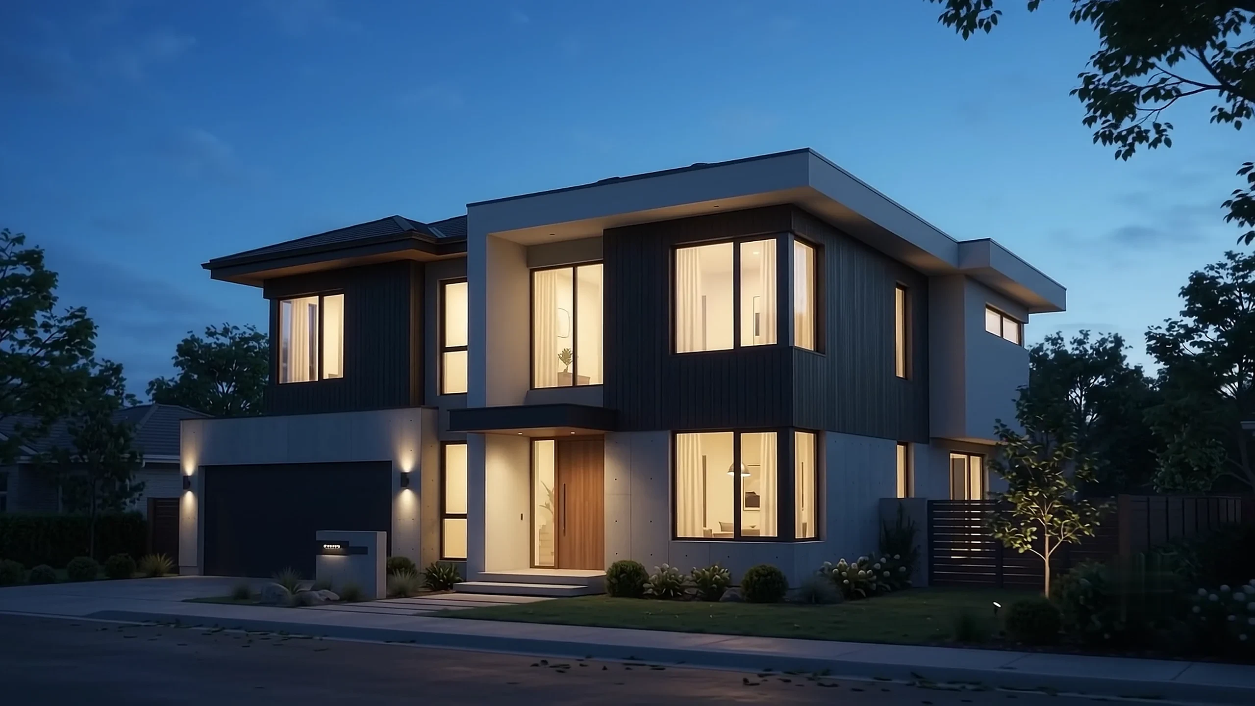 Modern two-storey home at dusk, warm windows against a blue sky