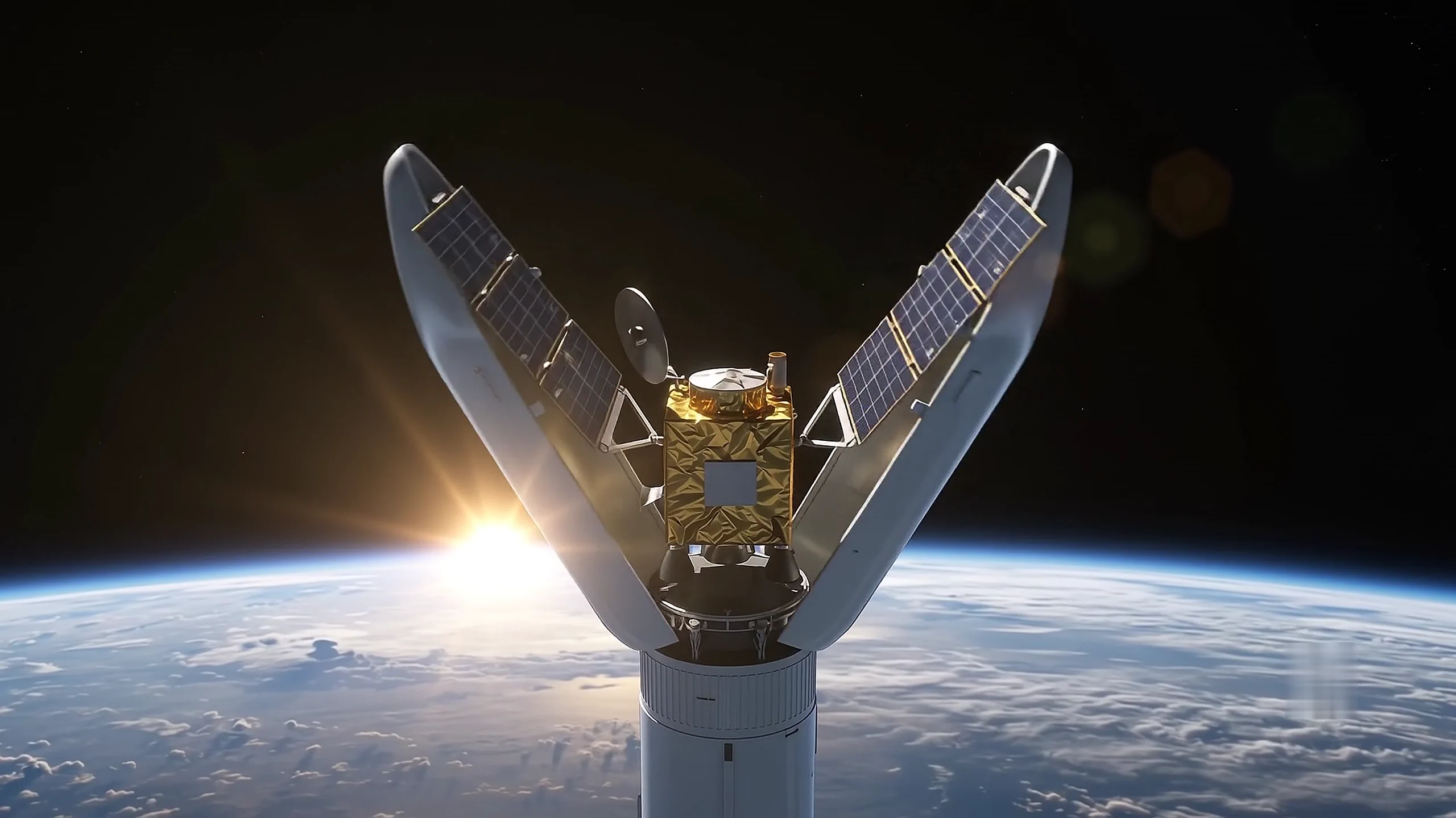 Gold satellite unfurling its solar arrays in space