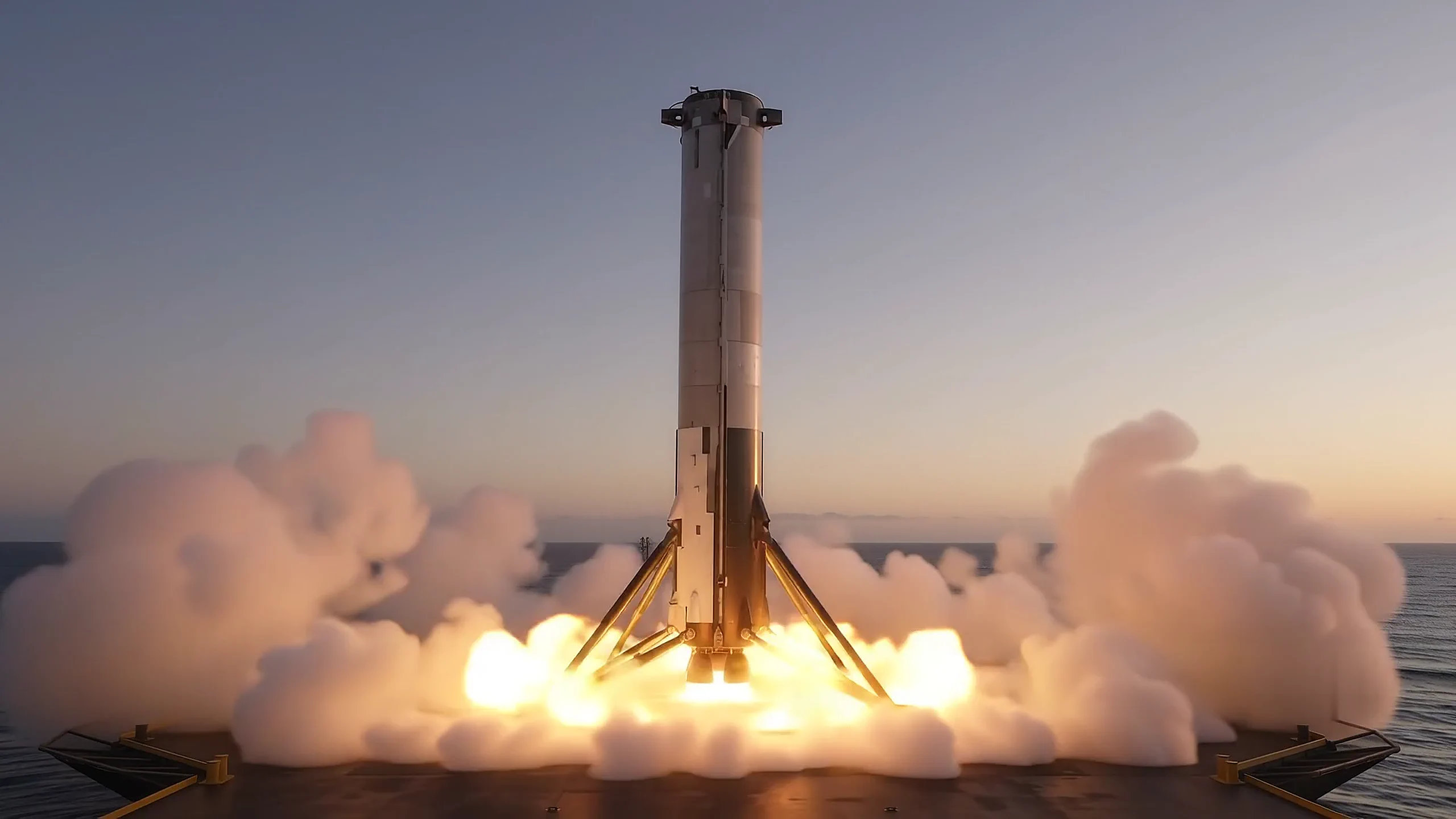 Booster descending to an ocean landing platform at dusk