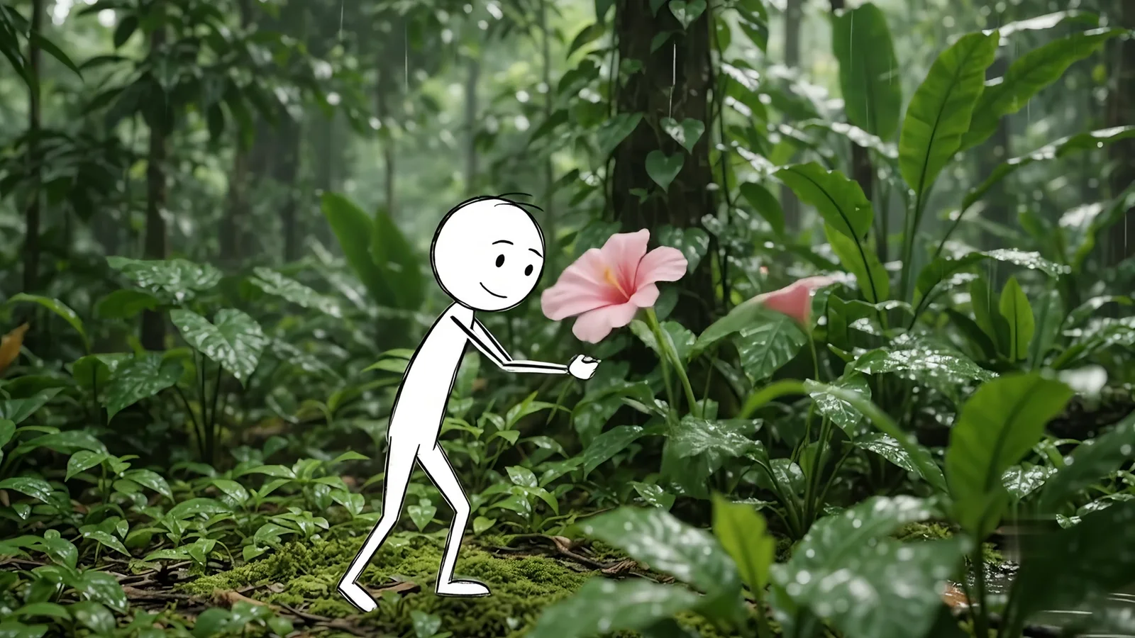 The figure reaching towards a large pink flower growing among the leaves