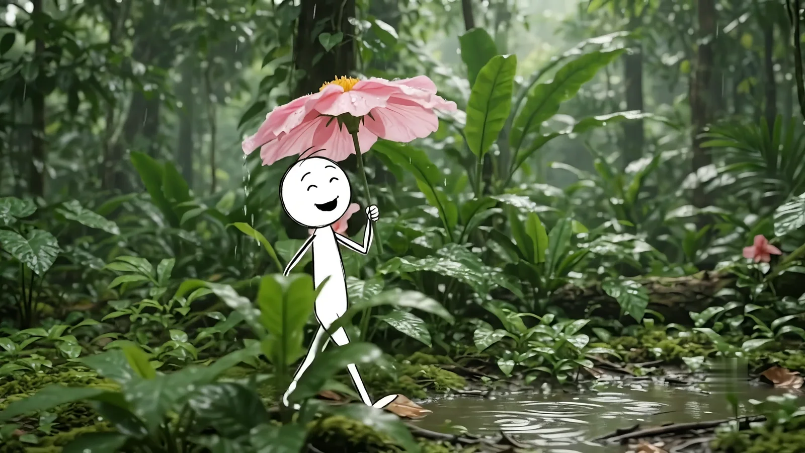 The figure smiling under the pink flower, held above his head like an umbrella