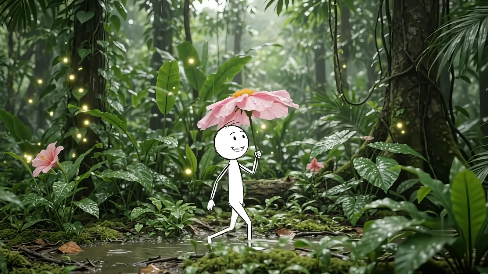 The figure walking under his flower umbrella while fireflies glow among the trees