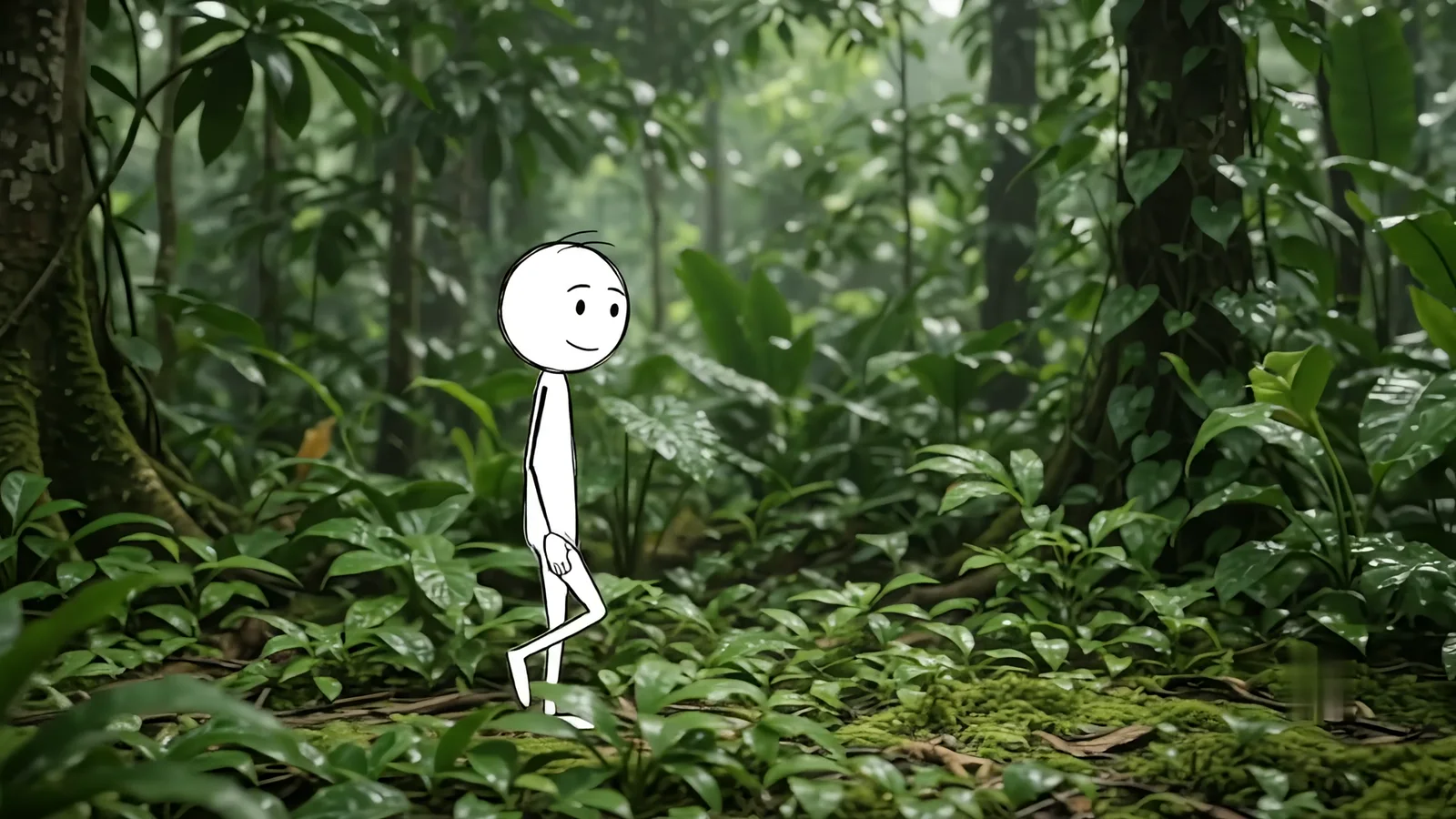 A white doodle figure walking through a wet green rainforest with nothing over his head