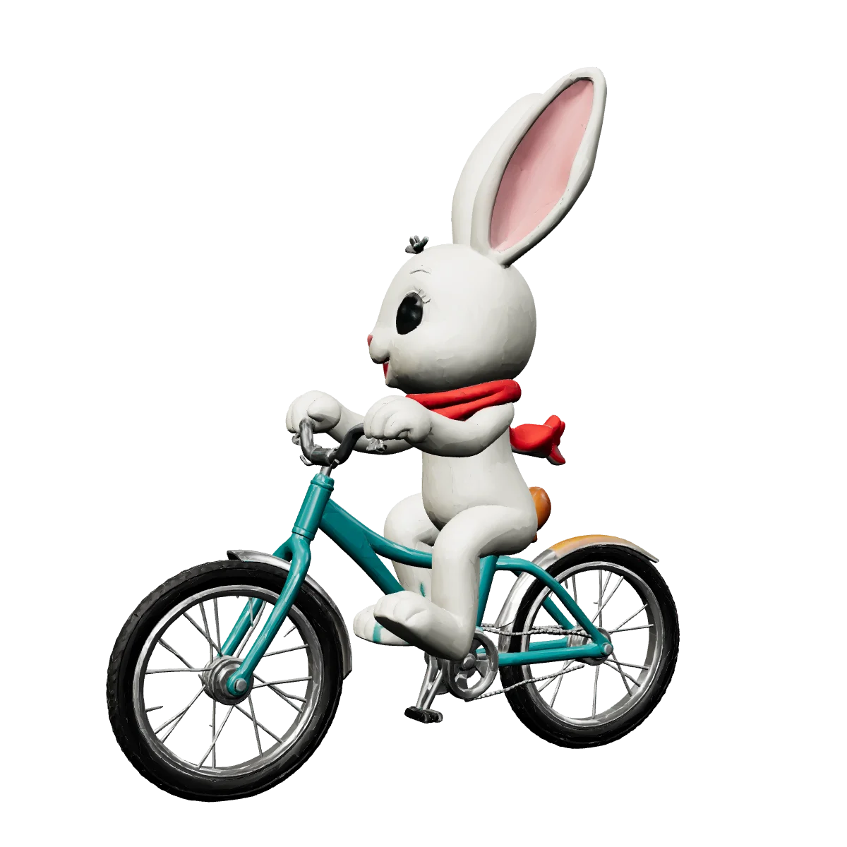 A cream bunny in a red scarf riding a teal bicycle