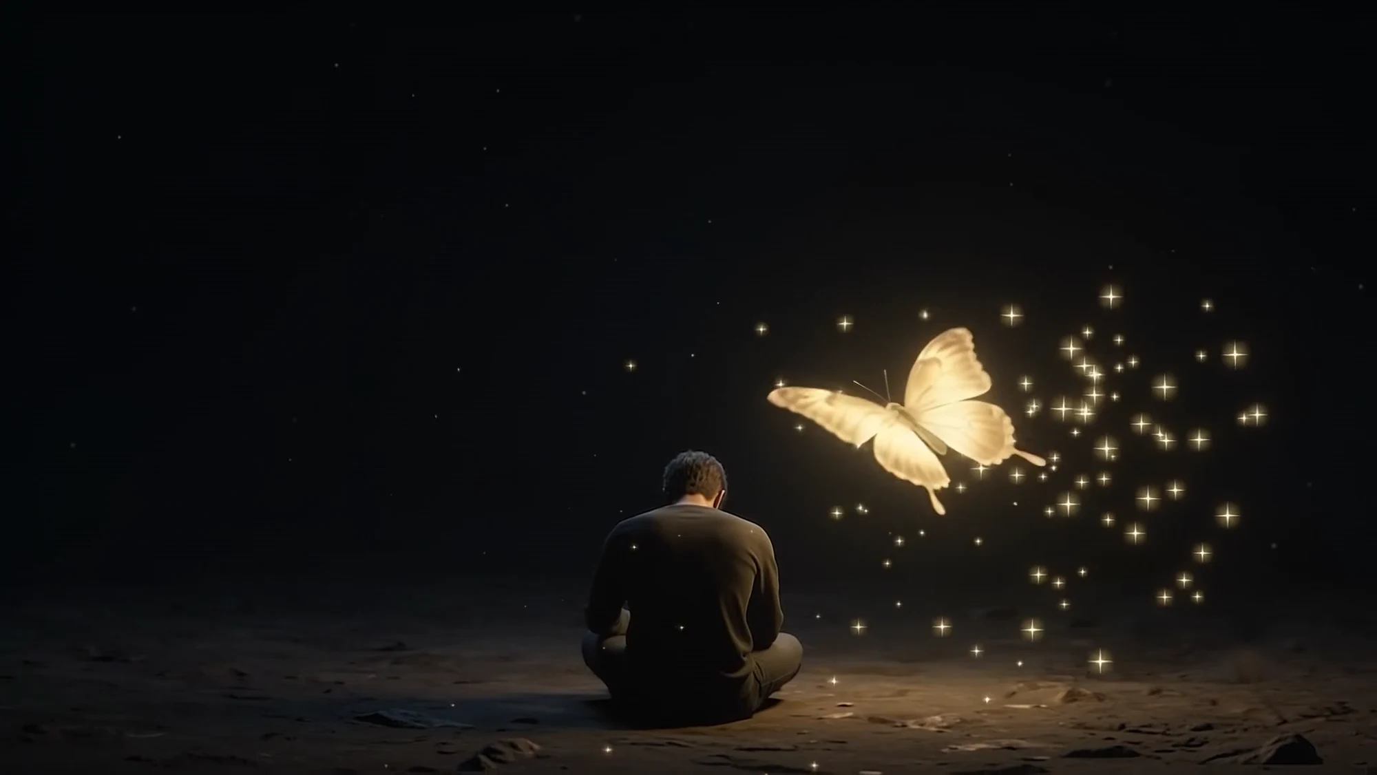 The golden butterfly and its trail of sparkles above the seated person, the ground lit warm