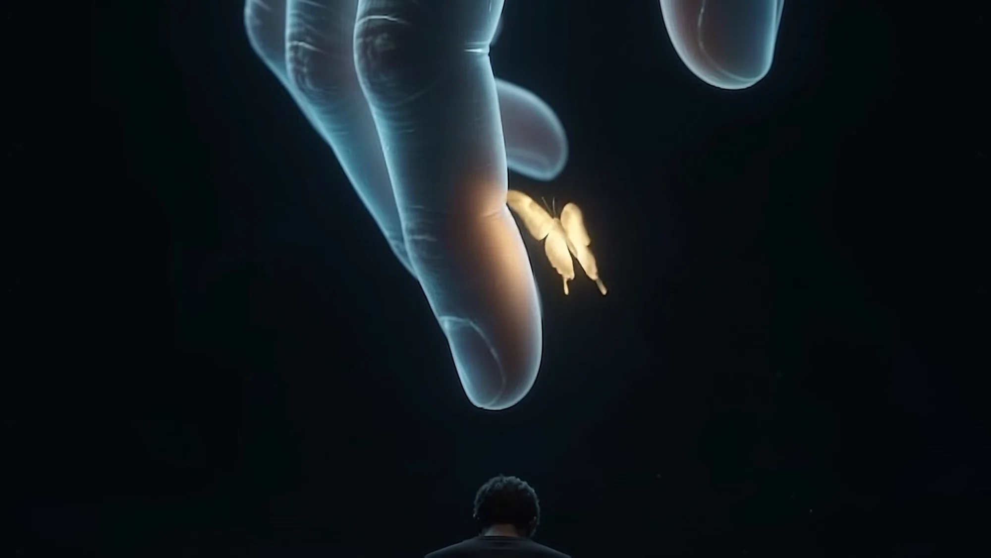 A glowing blue hand with a golden butterfly resting on one fingertip