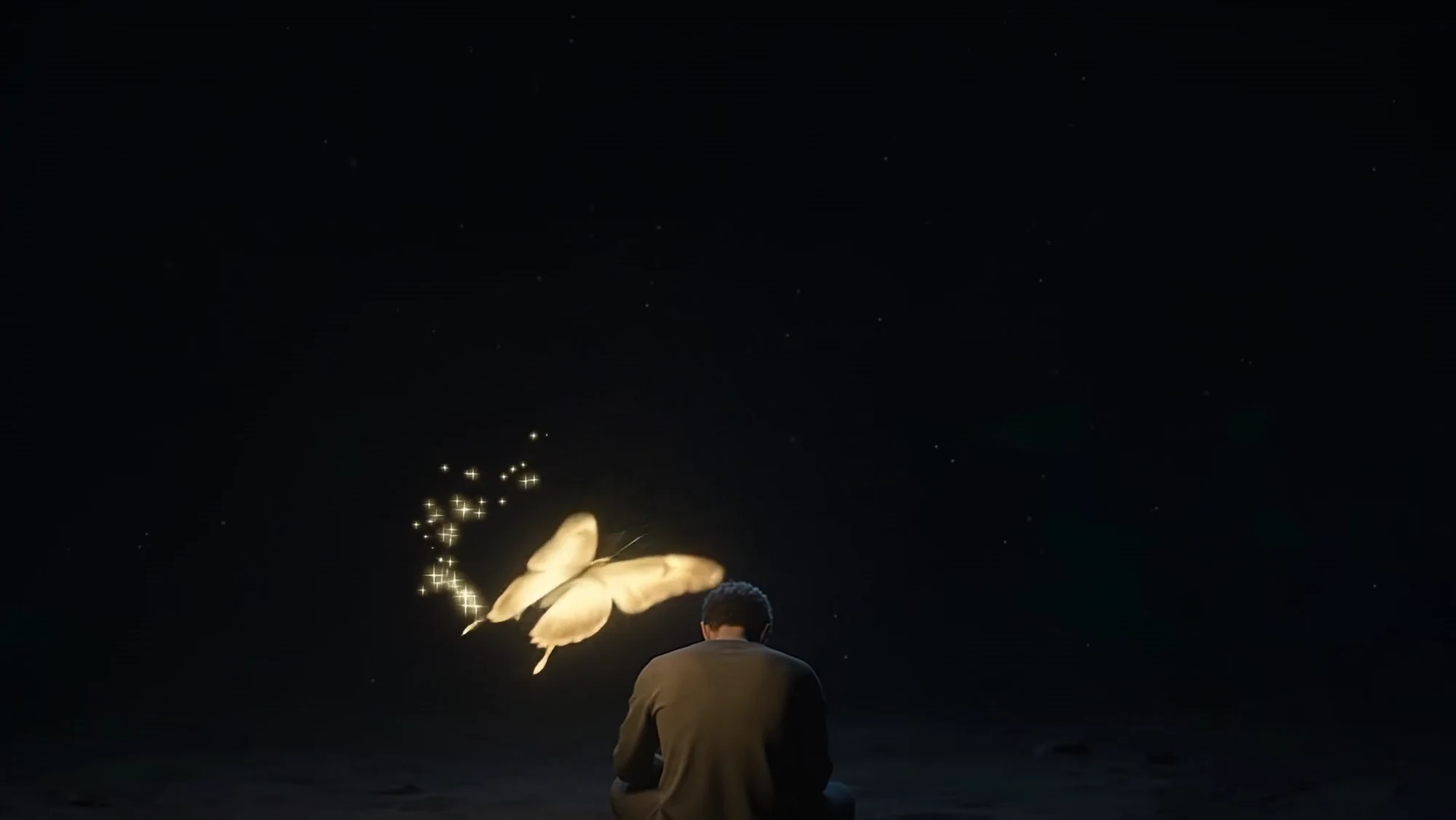 The butterfly circling a person sitting cross-legged on the floor, sparkles trailing behind it