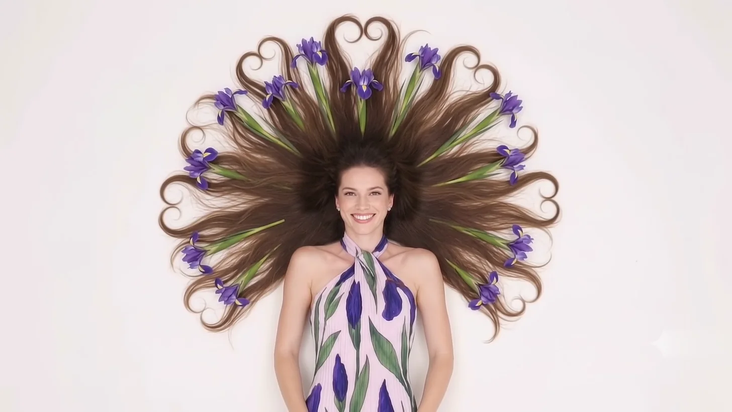 Purple iris flowers woven into sculpted curls