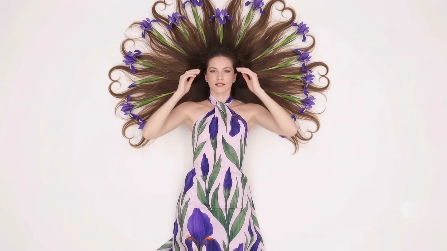 Model framed by a full halo of iris flowers and sculptural hair