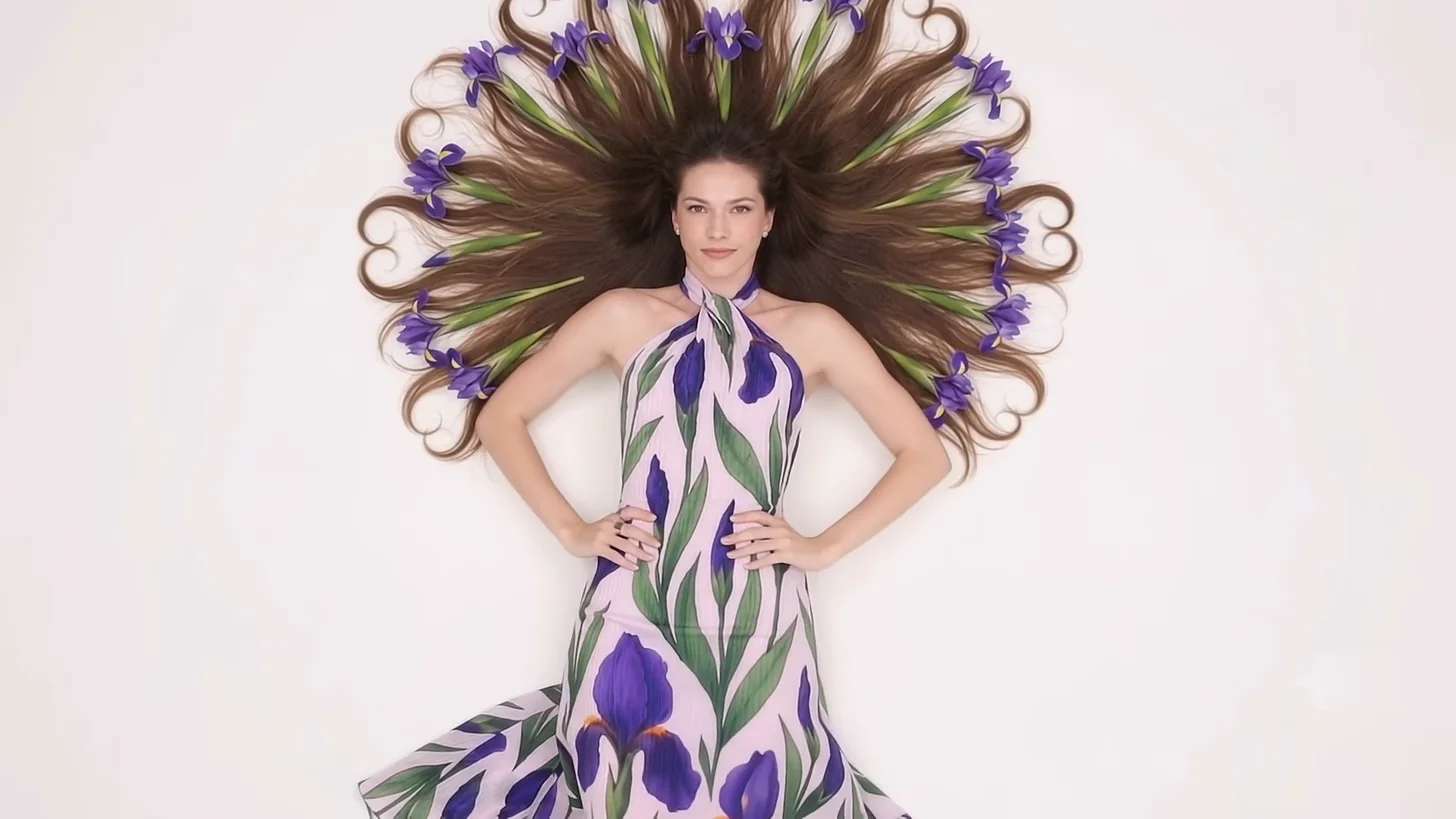 Hair fanned into curls with violet flowers woven through it