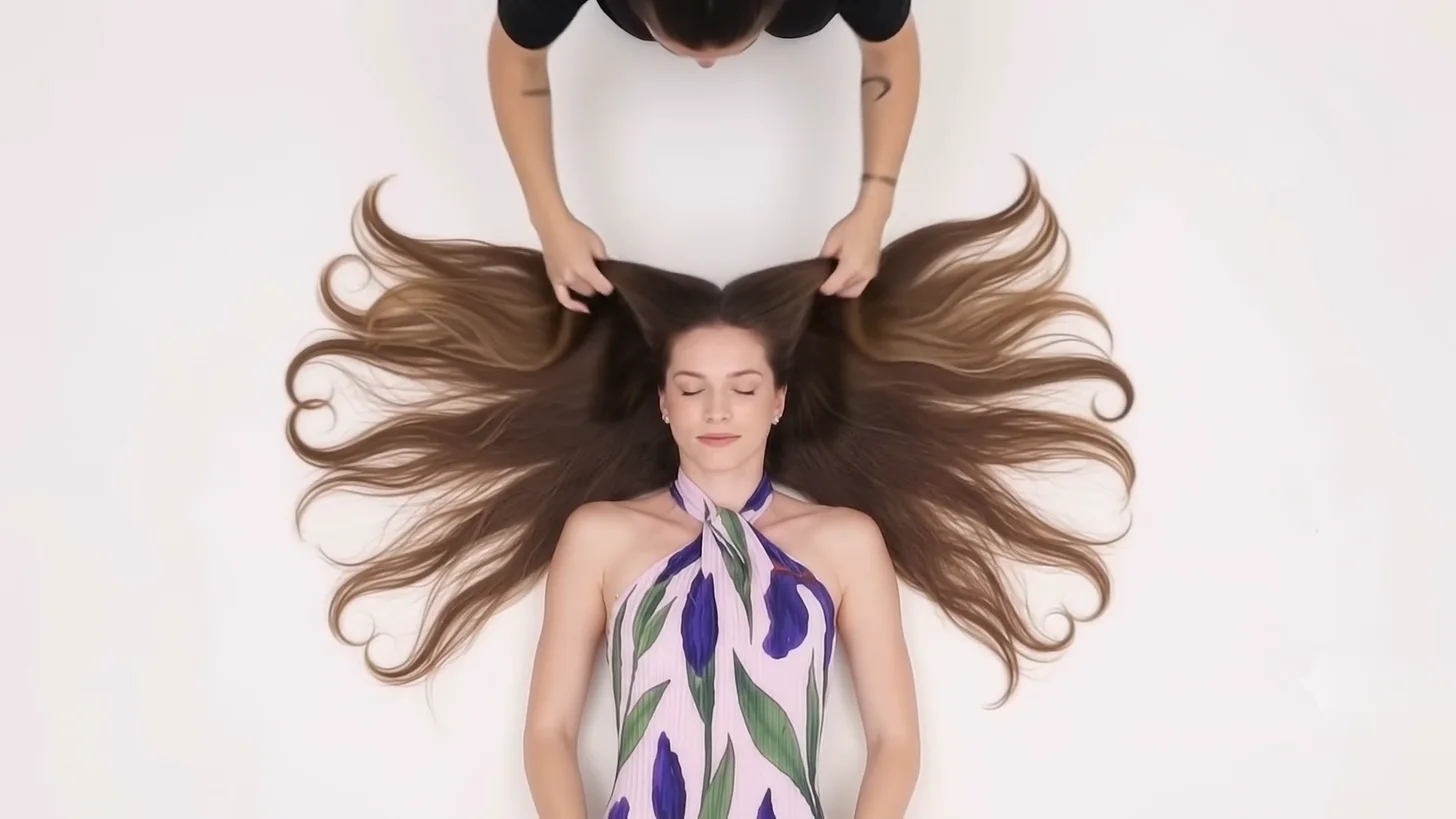 Long brown hair arranged around the model before the floral transformation