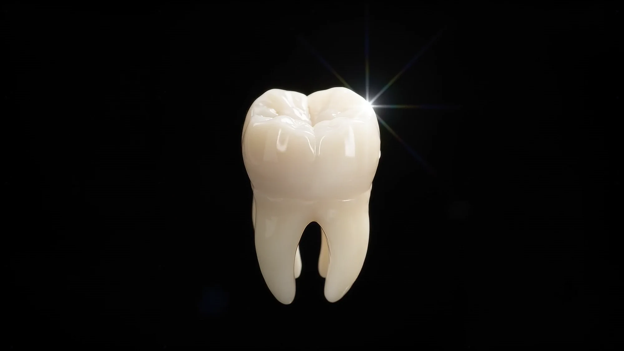 A restored tooth floating against a black background, catching the light