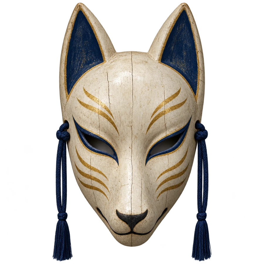 A white kitsune fox mask with gold whisker lines and indigo ears