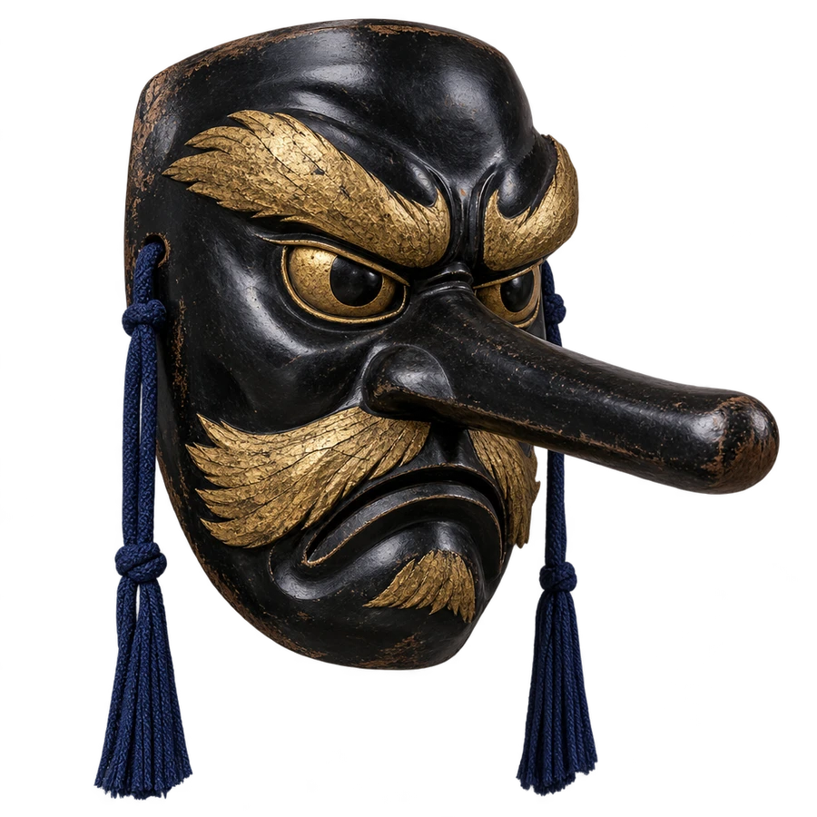 A black lacquer tengu mask with a long nose and gold brows