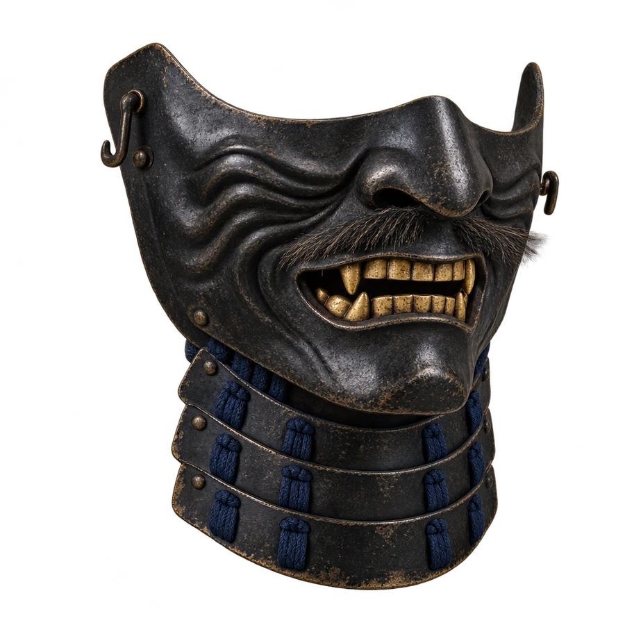 A blackened iron samurai menpo mask with gold teeth and indigo lacing
