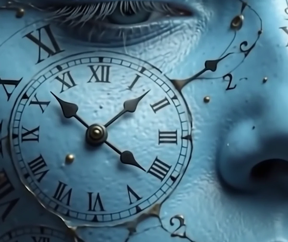 A clock face painted on blue skin, hands showing ten past ten