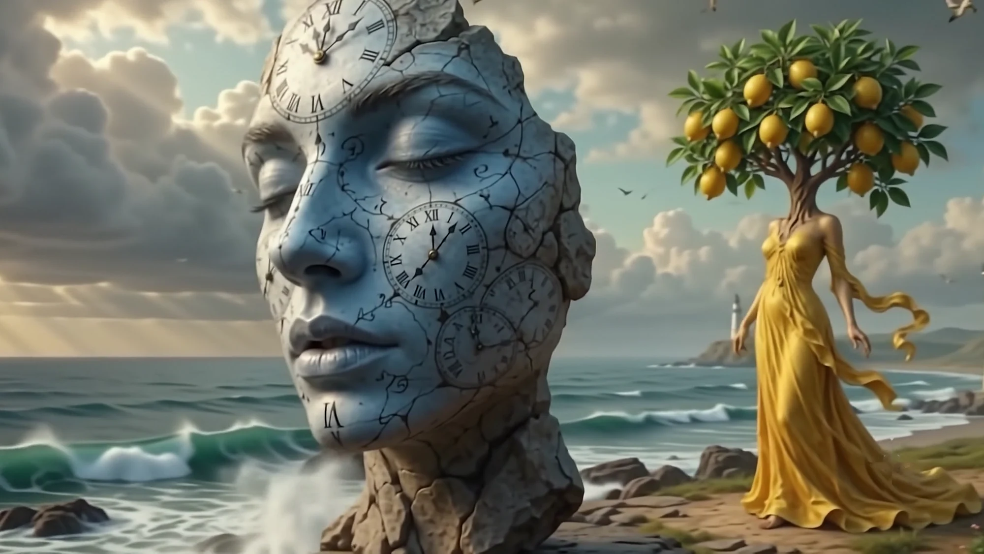 A cracked stone head with a clock on its cheek facing the sea