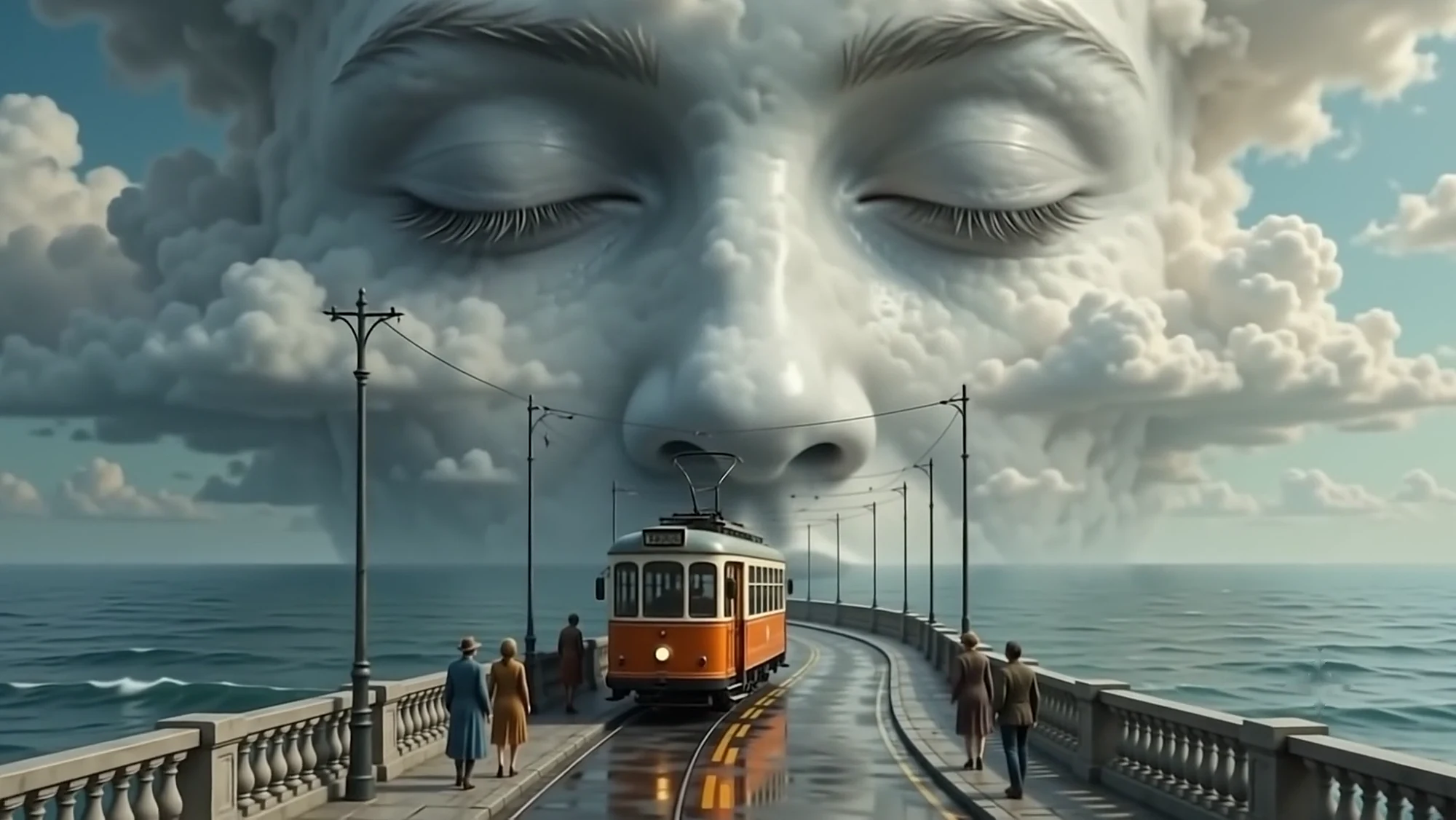 An orange tram on a seaside pier under a face made of clouds