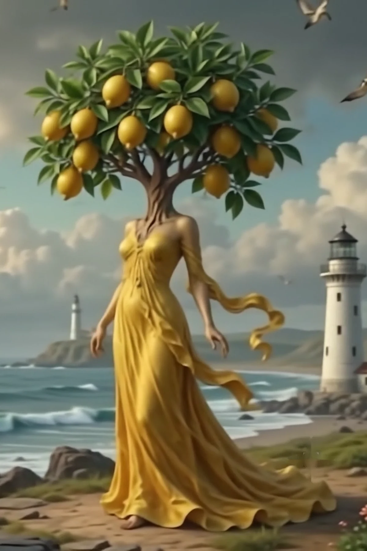 A woman in a yellow dress whose head is a lemon tree, a lighthouse behind her