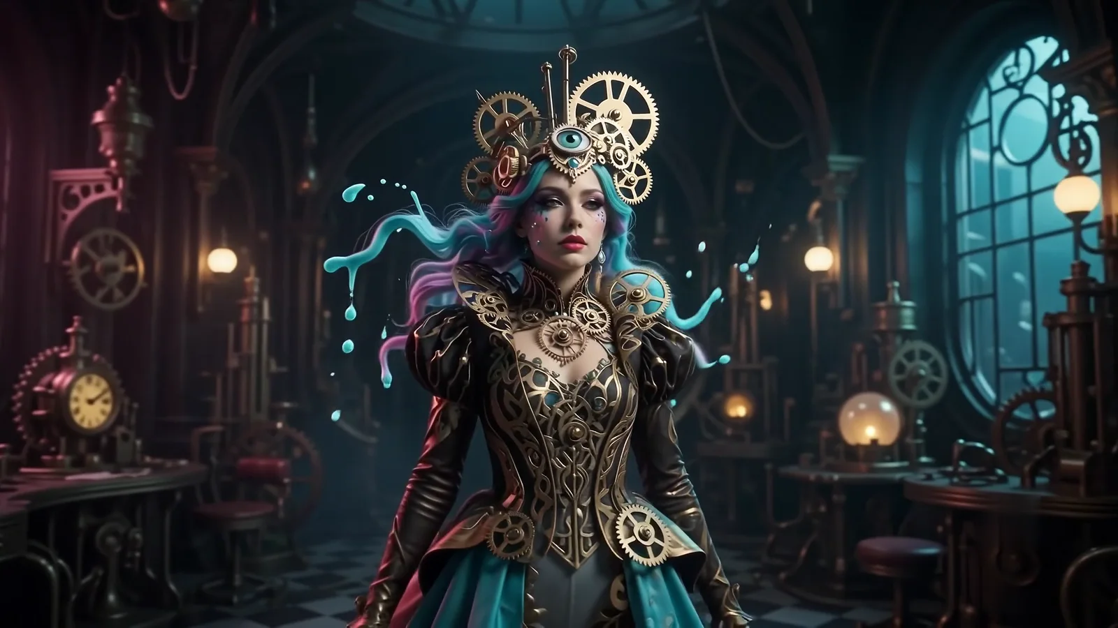 The model in a black and brass gown covered in gears, standing in a dark workshop