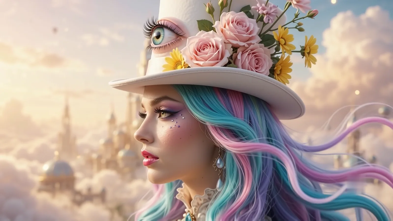 A model with pastel pink and blue hair in a white hat topped with roses and a painted eye, above golden clouds