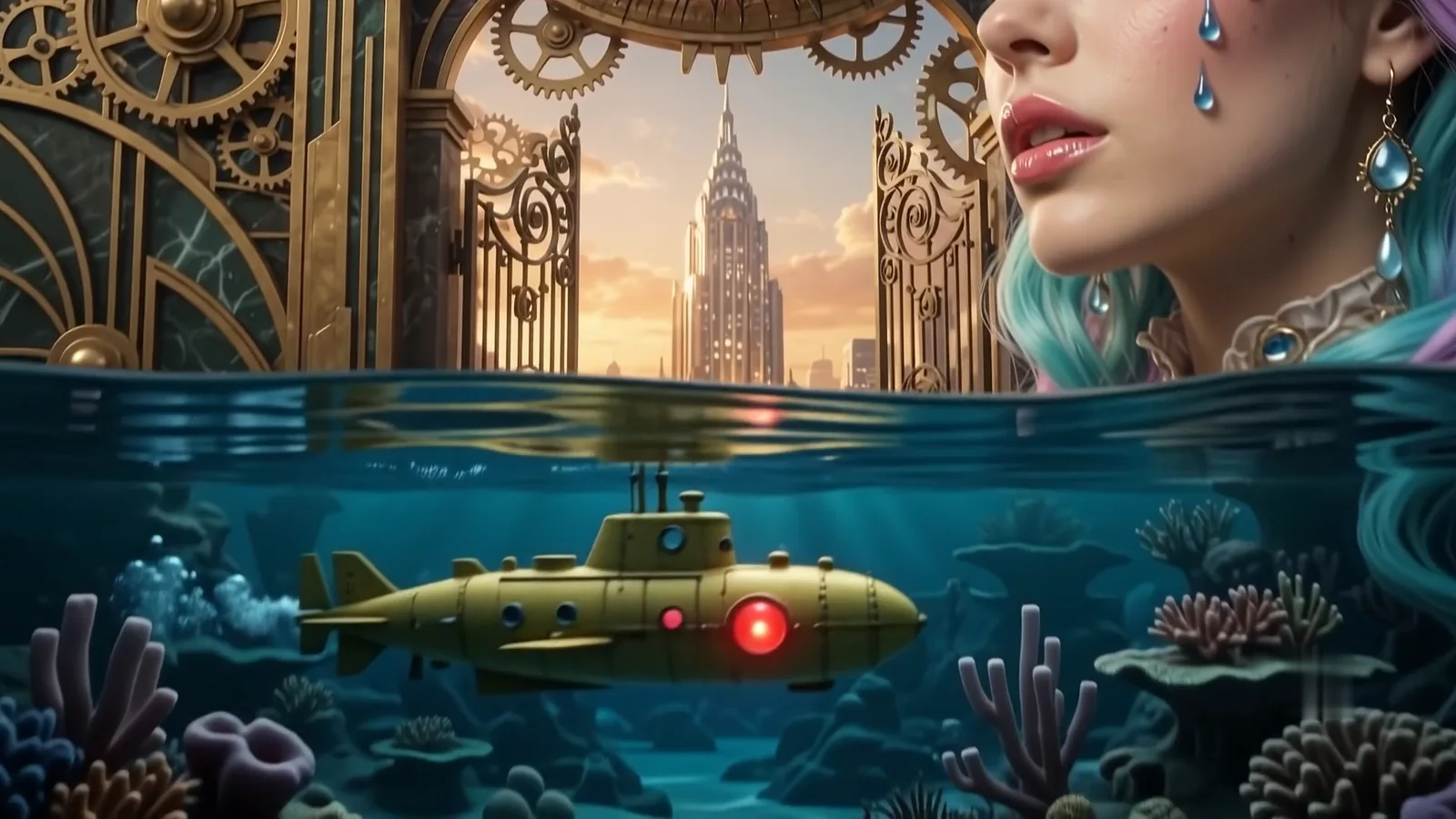 The model's face above a waterline, with a small yellow submarine and coral below
