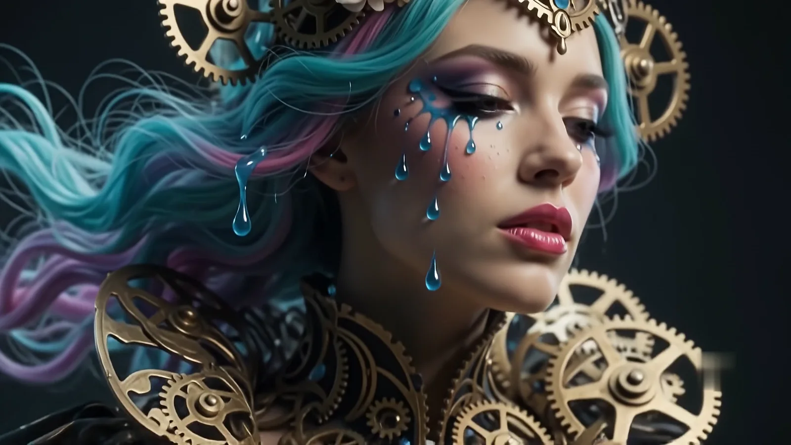 Close on the model's face with blue painted tears, teal hair and a collar of gold gears