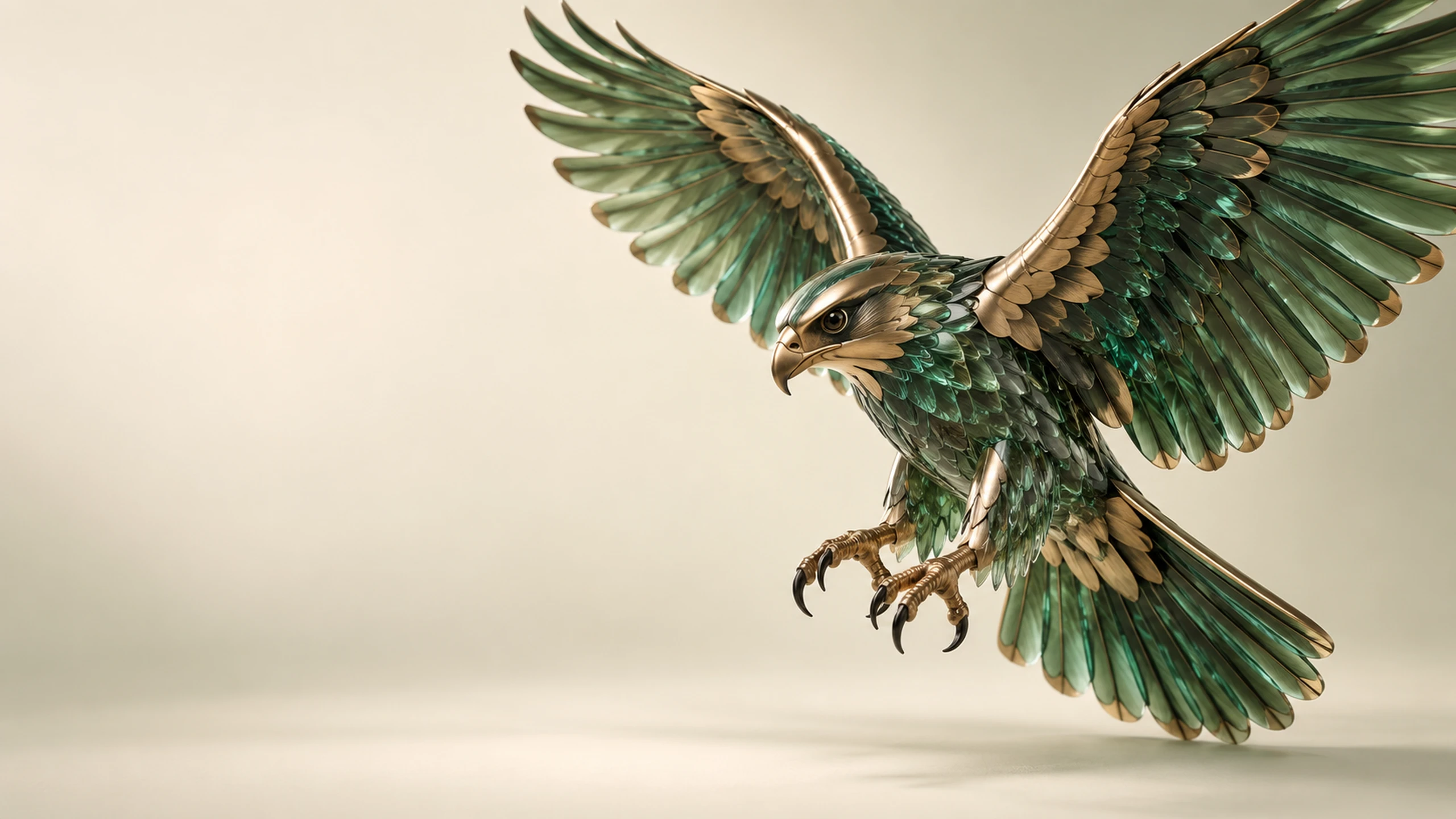 An emerald-glass and bronze kestrel extending its wings