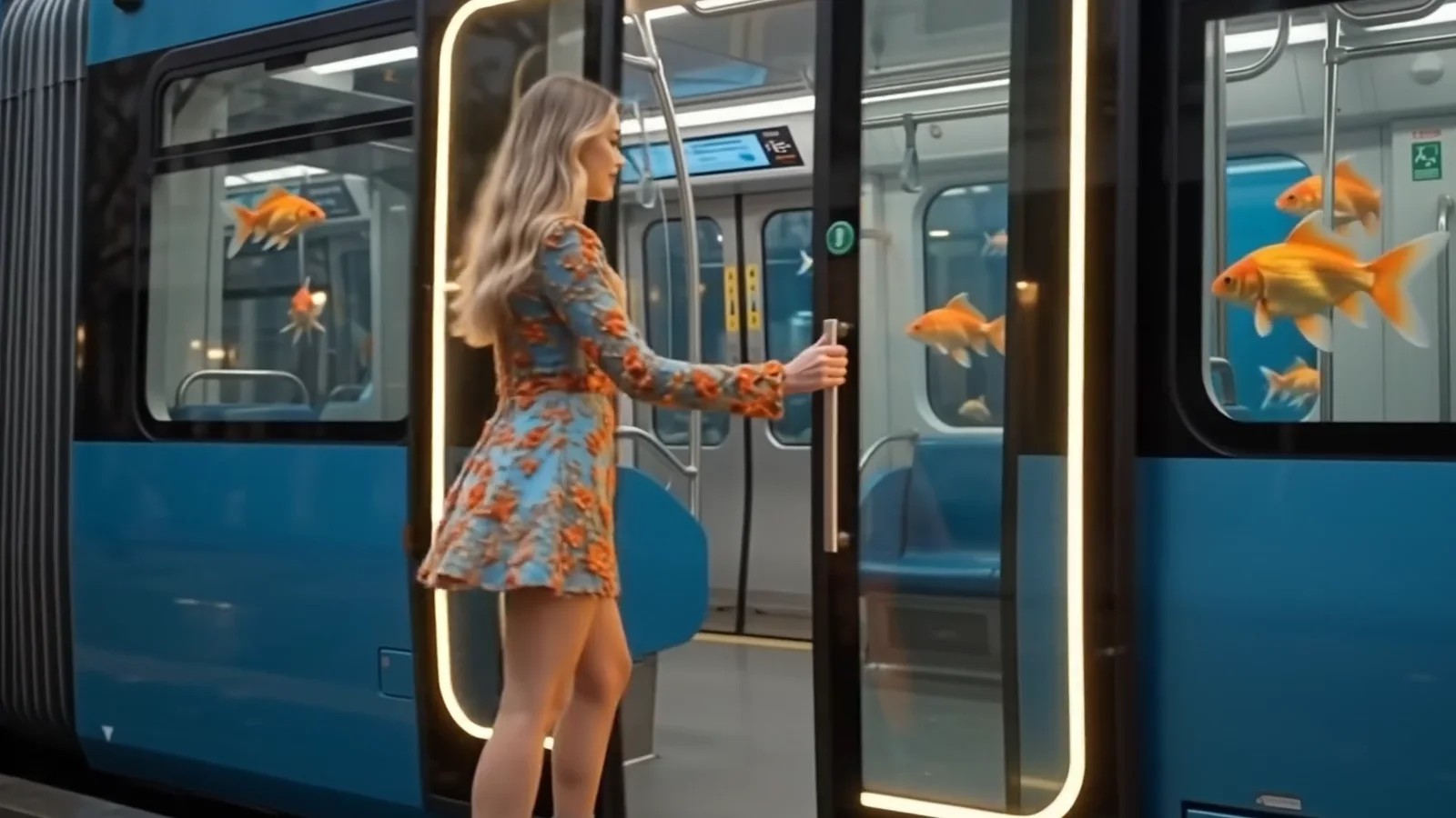 The girl stepping through the lit tram doors