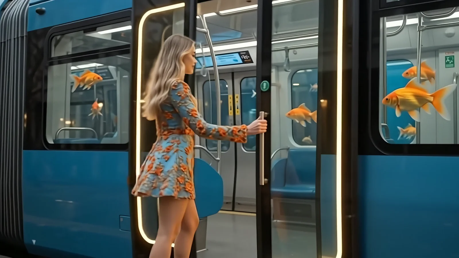 The girl stepping through the lit tram doors