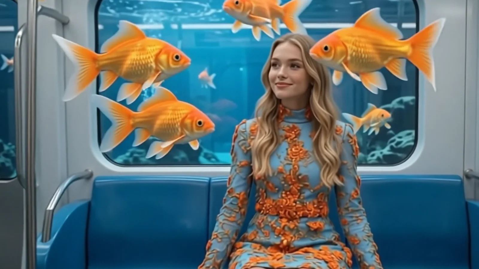 Inside the tram, large goldfish float through the air beside a seated girl