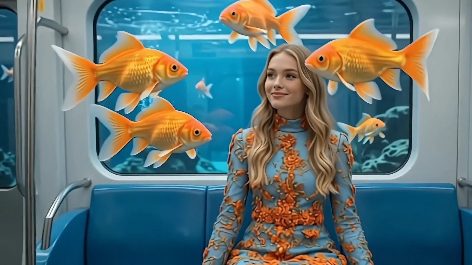 Inside the tram, large goldfish float through the air beside a seated girl