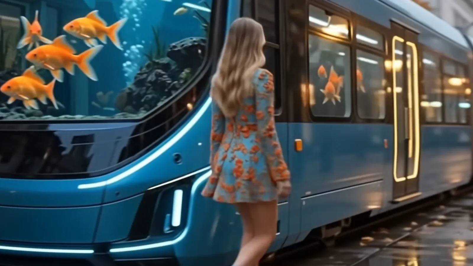 The side of the tram, with goldfish visible through every window