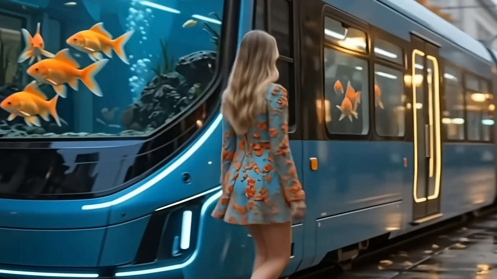 The side of the tram, with goldfish visible through every window