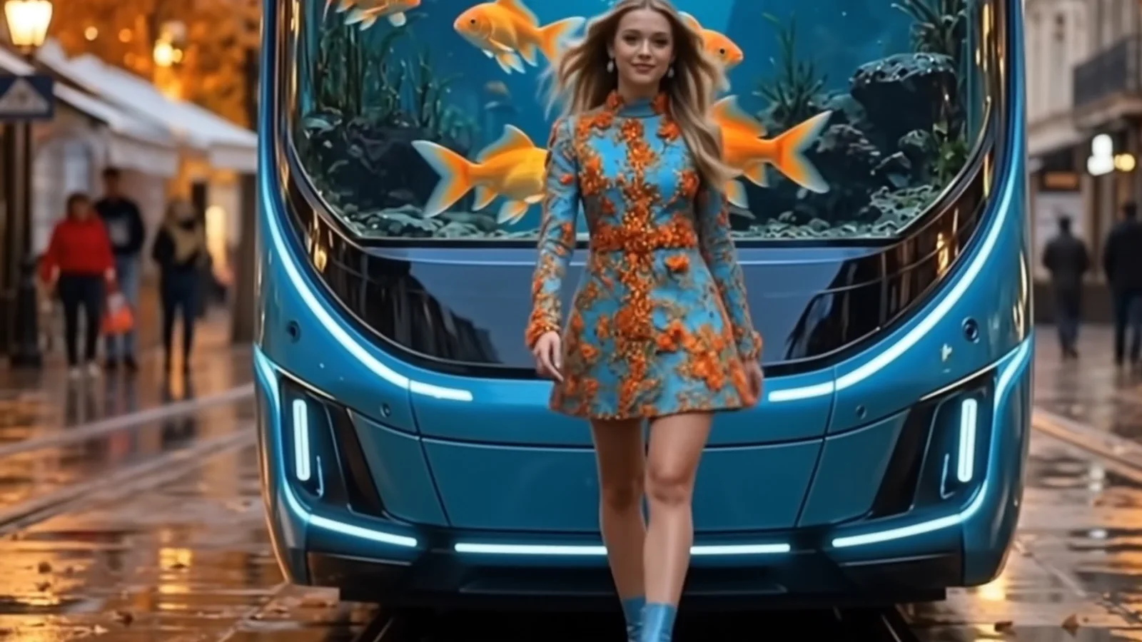 A blue tram with an aquarium for a cab, goldfish swimming behind the windscreen, a girl walking in front of it on a wet street