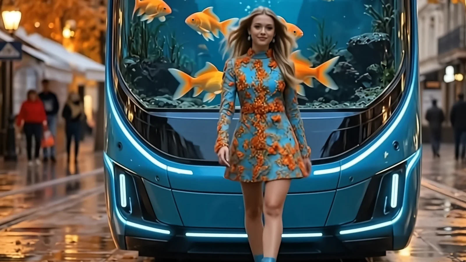 A blue tram with an aquarium for a cab, goldfish swimming behind the windscreen, a girl walking in front of it on a wet street