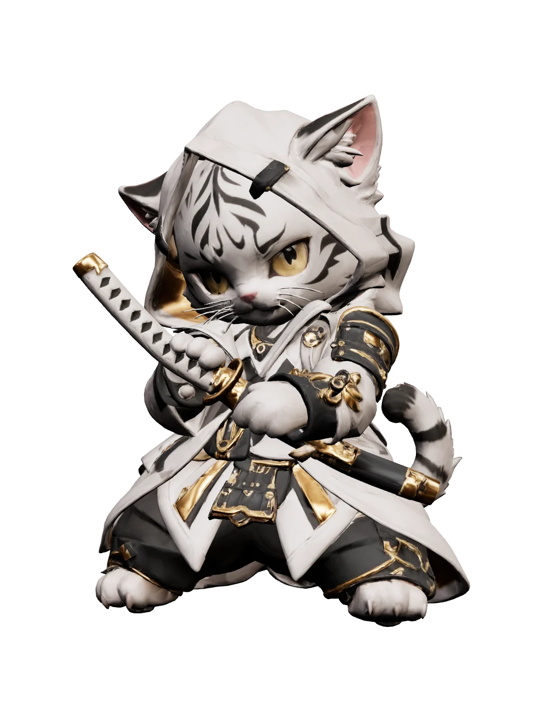 Kotora, a white tiger cub in a hooded samurai coat, drawing a sword
